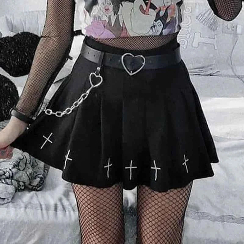Gothic Pleated Mini Skirt with Cross Design