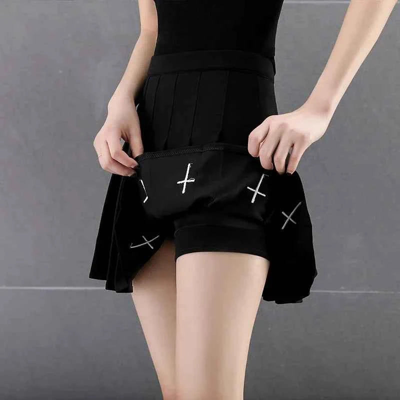 Gothic Pleated Mini Skirt with Cross Design