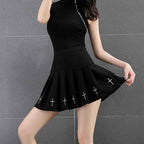 Gothic Pleated Mini Skirt with Cross Design