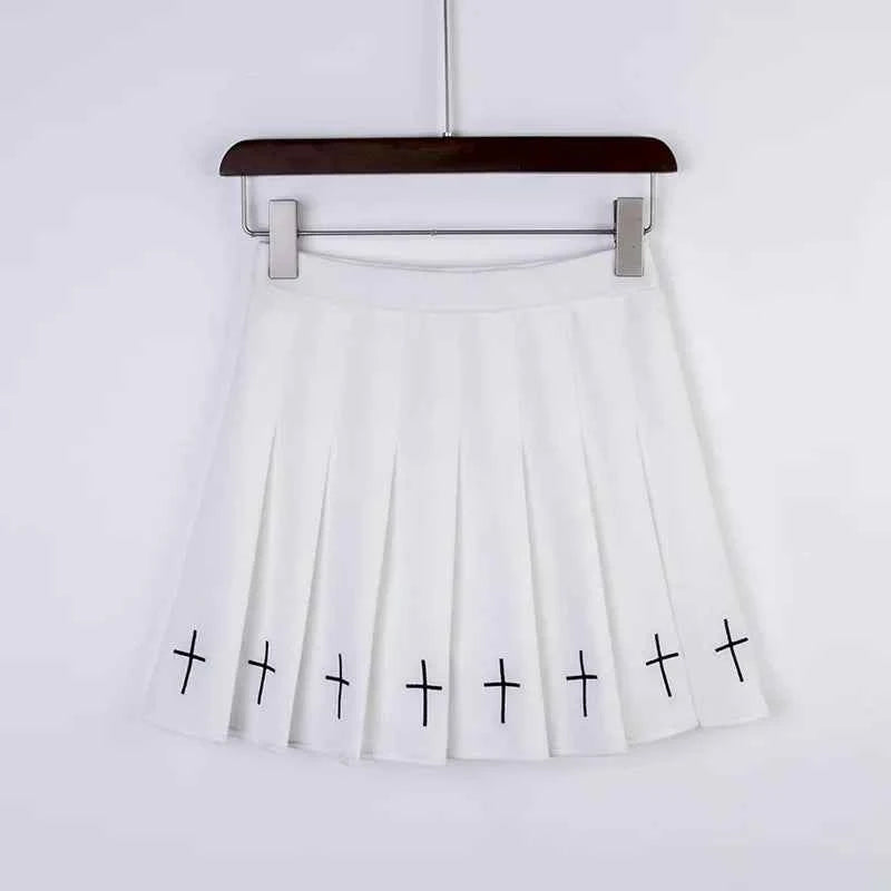 Gothic Pleated Mini Skirt with Cross Design