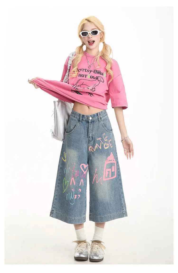 Graffiti Denim Cropped Pants Women