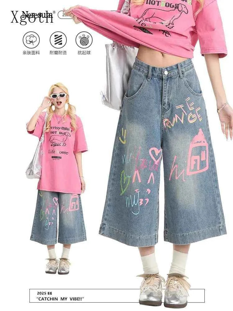 Graffiti Denim Cropped Pants Women