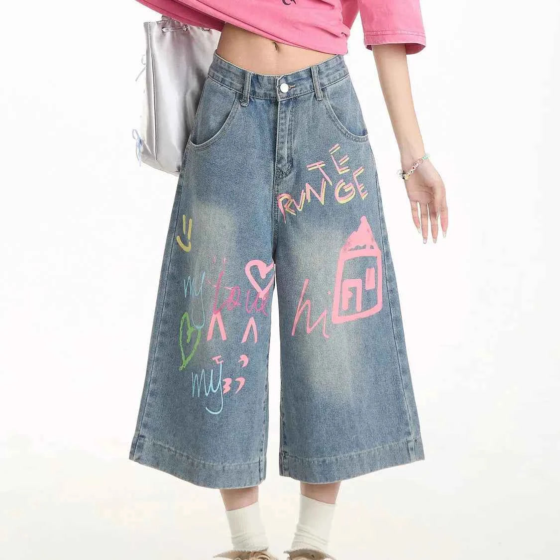 Graffiti Denim Cropped Pants Women