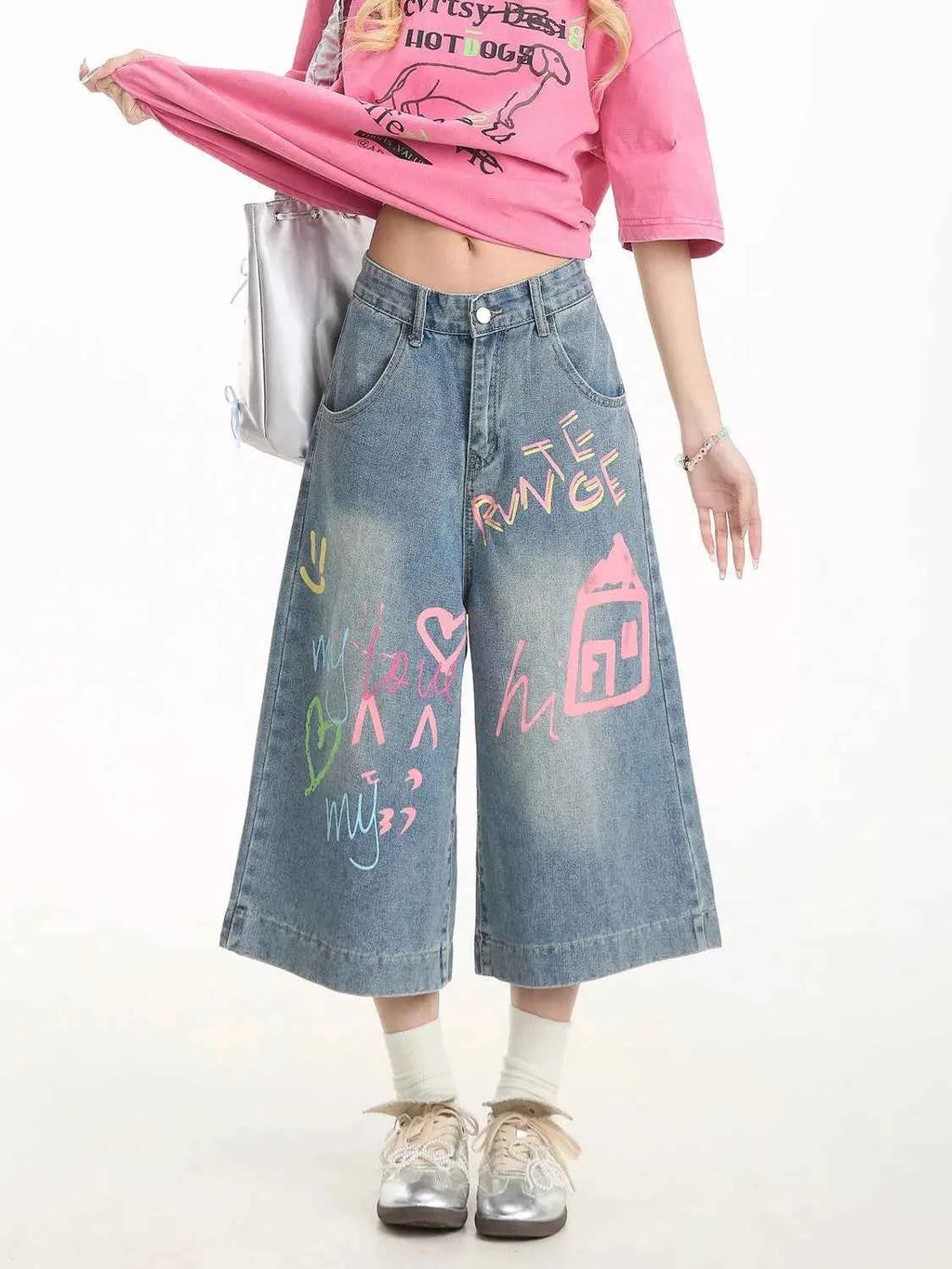 Graffiti Denim Cropped Pants Women