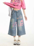 Graffiti Denim Cropped Pants Women