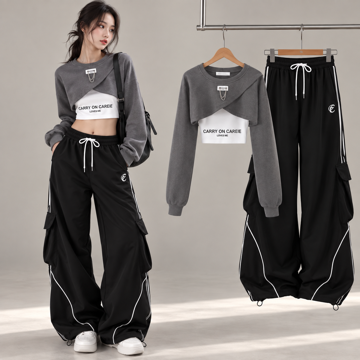 Ensemble streetwear trois pièces haut court et pantalon cargo