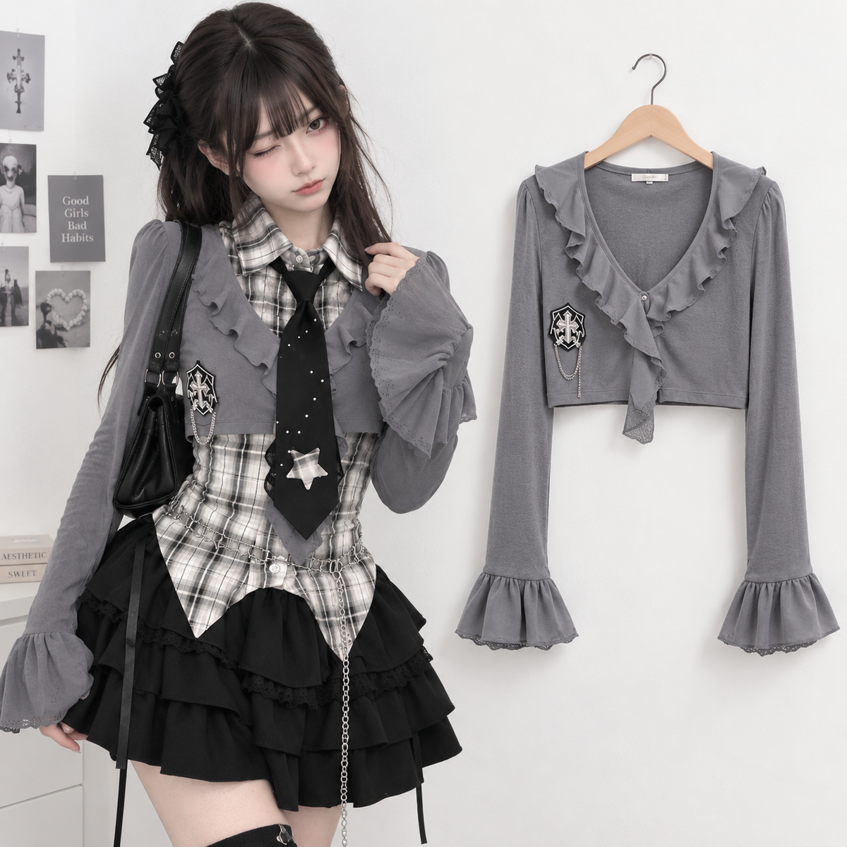 Women's Gothic Preppy Plaid Shirt, Ruffle Cardigan & Tiered Skirt Set