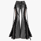Women's Pinstripe Ruffle Blouse & Lace-Panel Flare Jeans