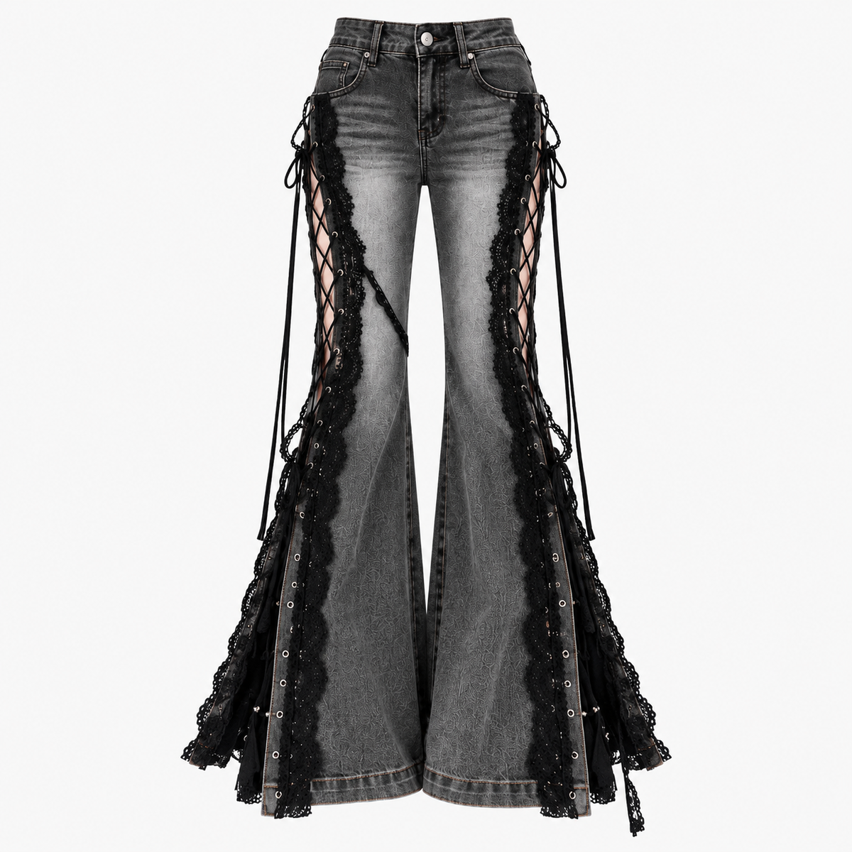 Women's Pinstripe Ruffle Blouse & Lace-Panel Flare Jeans