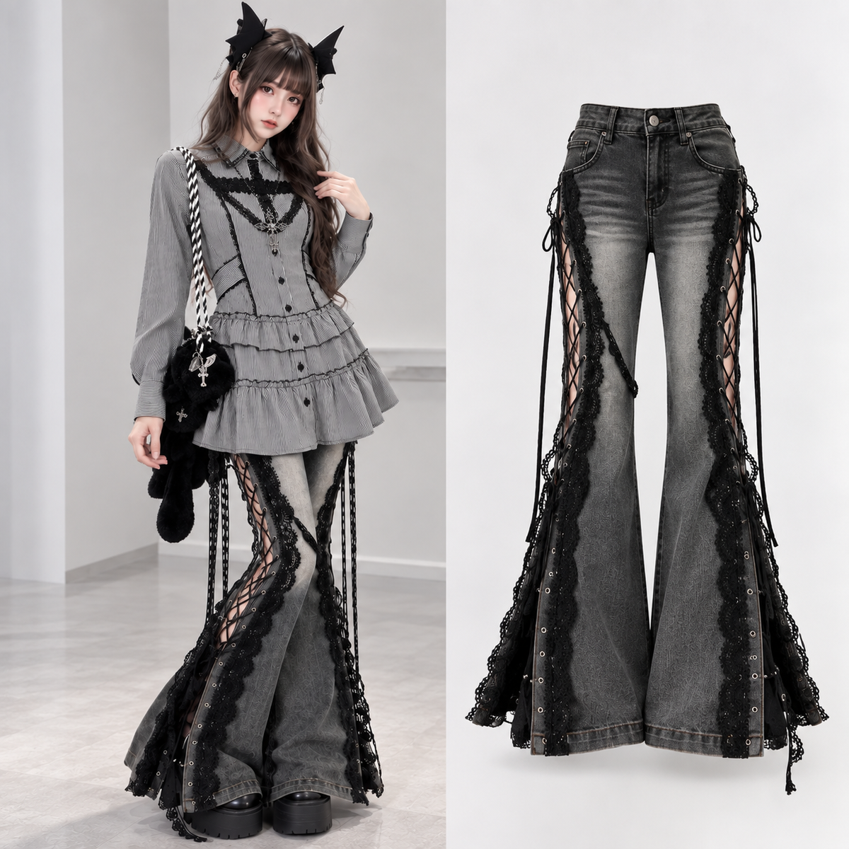 Pinstripe Ruffle Blouse and Lace Panel Flare Jeans Set lace panel