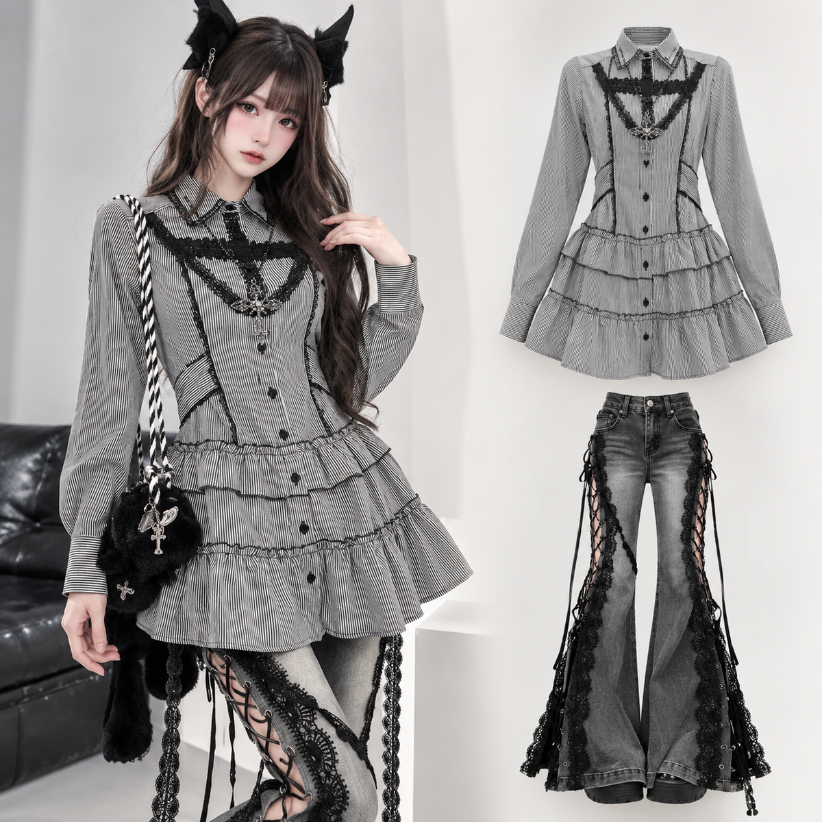 Pinstripe Ruffle Blouse and Lace Panel Flare Jeans Set front