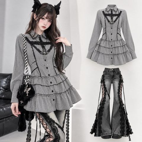 Pinstripe Ruffle Blouse and Lace Panel Flare Jeans Set front