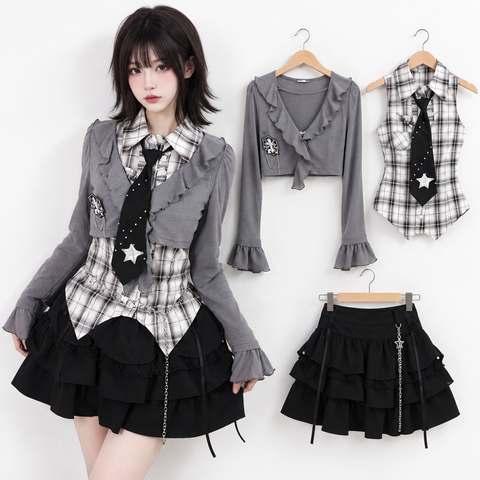 Gothic Preppy Plaid Shirt Ruffle Cardigan and Tiered Skirt Set front