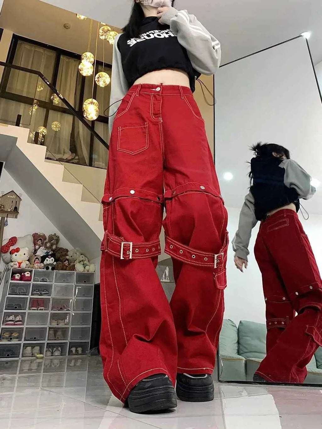 Harajuku Cargo Jeans in Red for Unique Style