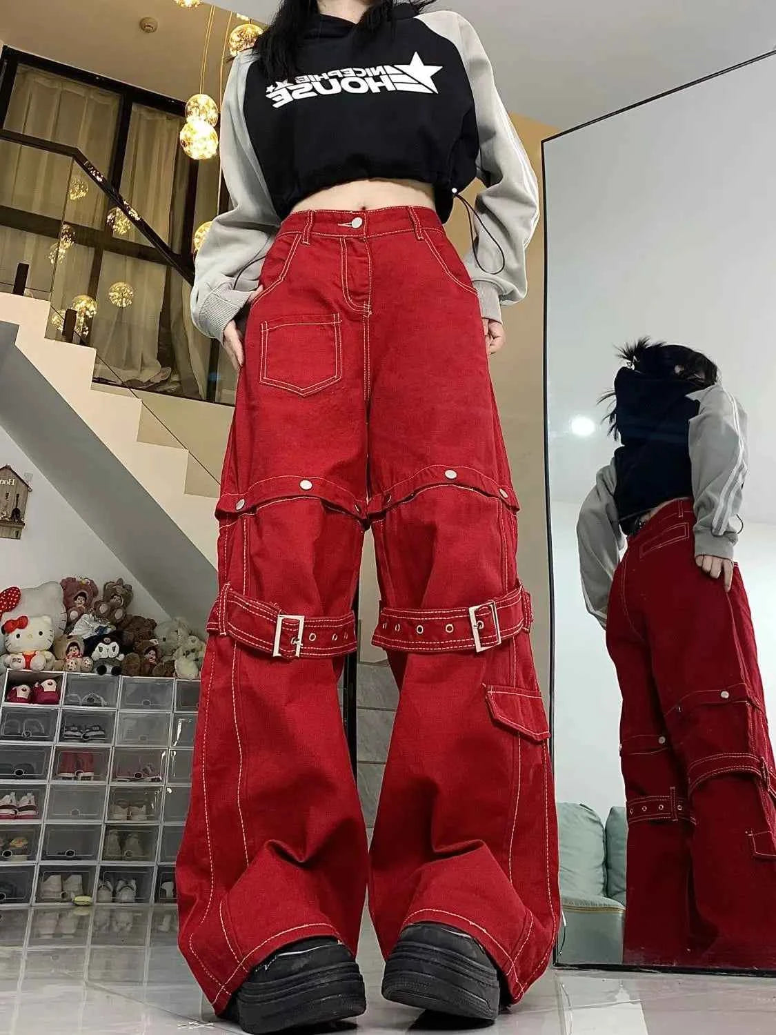 Harajuku Cargo Jeans in Red for Unique Style