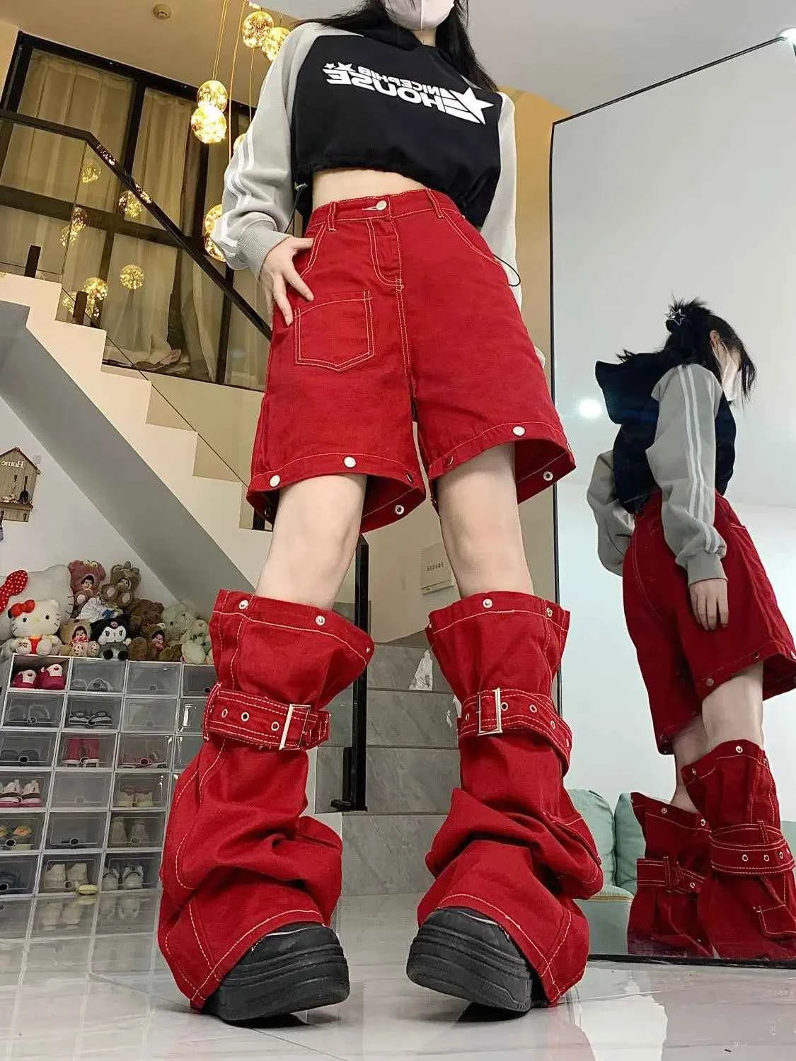 Harajuku Cargo Jeans in Red for Unique Style