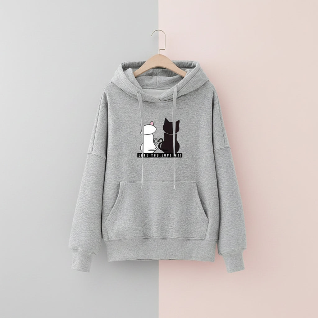 Gray harajuku cat print long sleeve hoodie with white and black cat illustrations and front pouch pocket