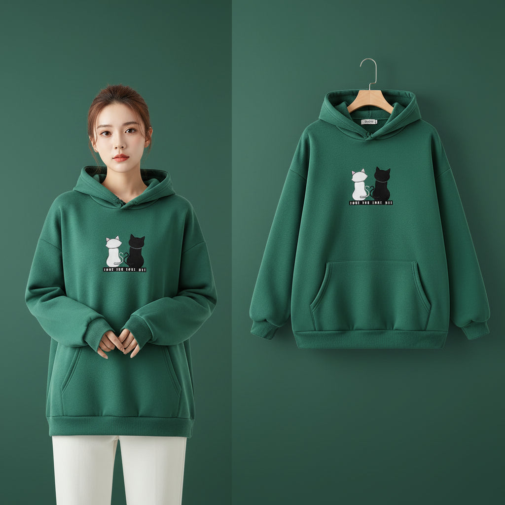 Green harajuku cat print long sleeve hoodie with white and black cat design and front pocket