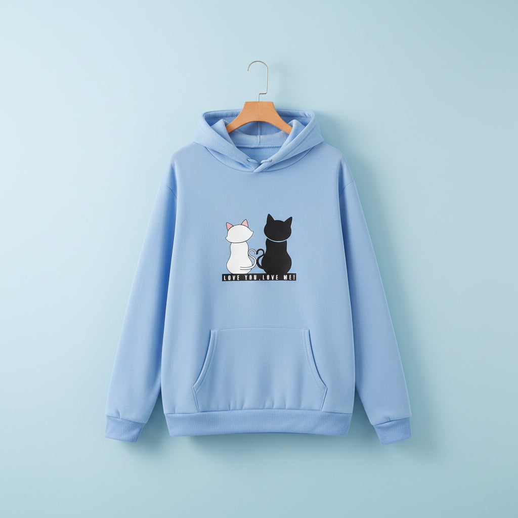 Light blue harajuku cat print long sleeve hoodie with black and white cats sitting back design