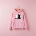 Pink harajuku cat print long sleeve hoodie with white and black cats holding tails forming a heart