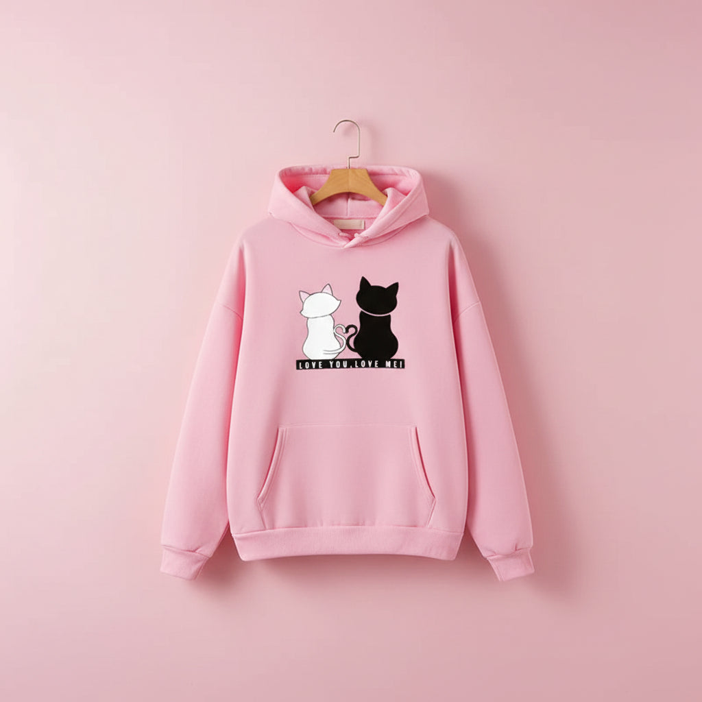 Pink harajuku cat print long sleeve hoodie with white and black cats holding tails forming a heart