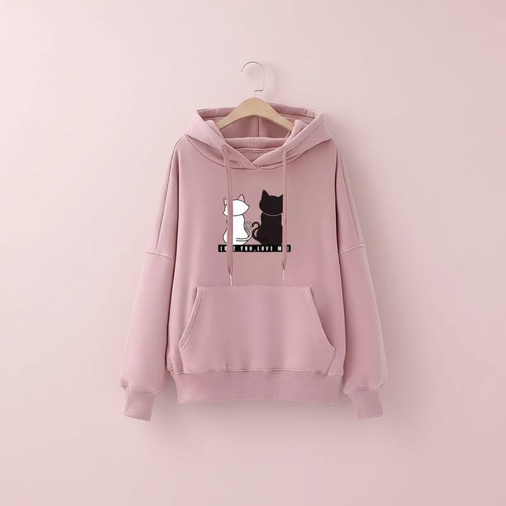 Pink harajuku cat print long sleeve hoodie with white and black cat graphic and front pocket