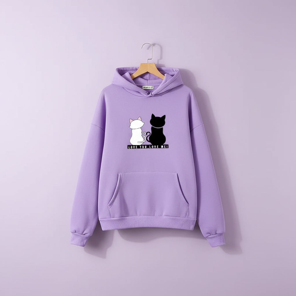 Lavender harajuku cat print long sleeve hoodie with white and black cats and love you love me text