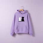 Lavender harajuku cat print long sleeve hoodie with white and black cats and love you love me text