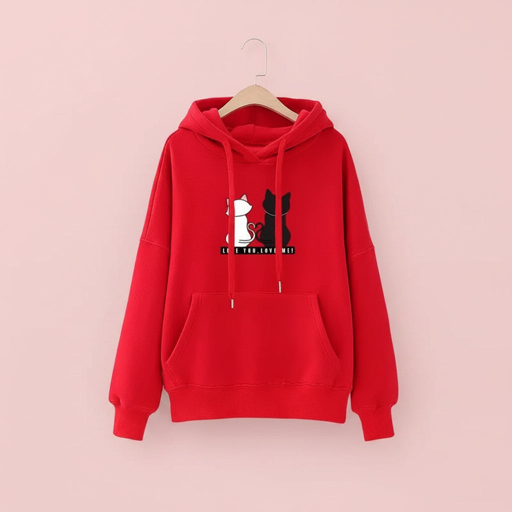 Red harajuku cat print long sleeve hoodie with white and black cats graphic and front pocket