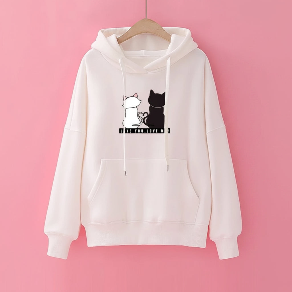 White harajuku cat print long sleeve hoodie with black and white cat design and front pocket