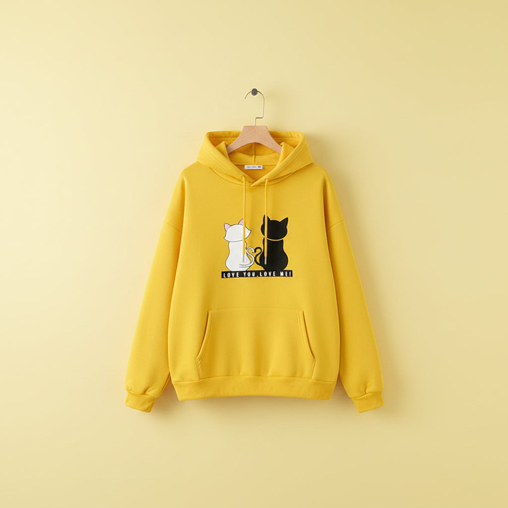Yellow harajuku cat print long sleeve hoodie featuring black and white cats with love text
