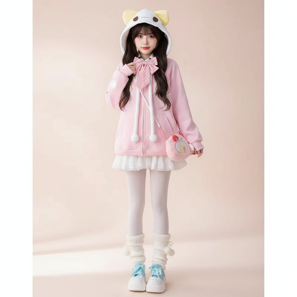 Harajuku cute pink embroidered jacket with hood featuring yellow ears worn with white skirt and leg warmers