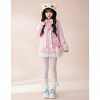 Harajuku cute pink embroidered jacket with hood featuring yellow ears worn with white skirt and leg warmers