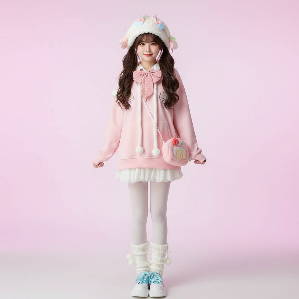 Harajuku cute pink embroidered jacket worn with white tights and blue shoes in a playful outfit