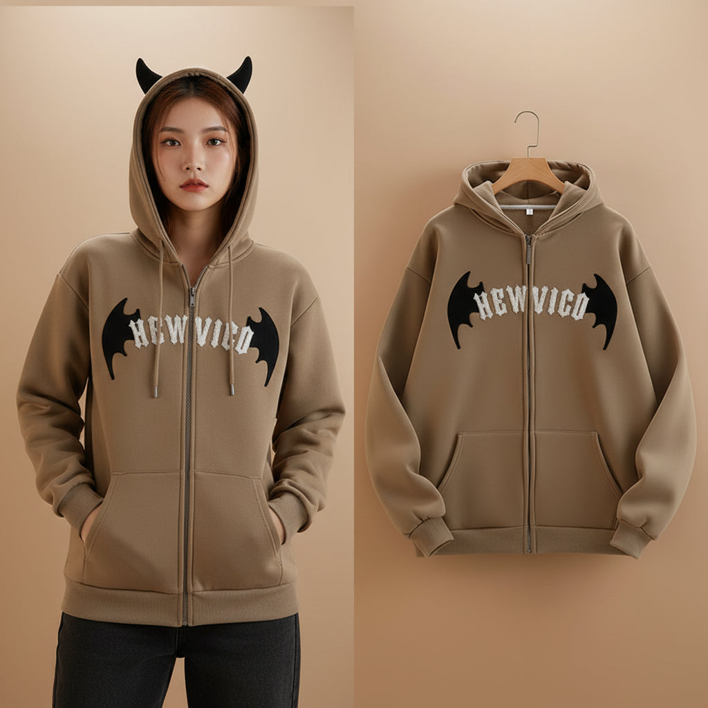 Harajuku gothic hoodie for women in brown with bat wings and black horned hood from Vusy Kawai Shop