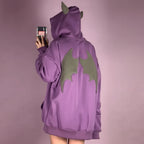 Purple harajuku gothic hoodie for women with devil horns and bat wings design on back