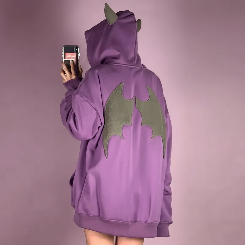 Purple harajuku gothic hoodie for women with devil horns and bat wings design on back