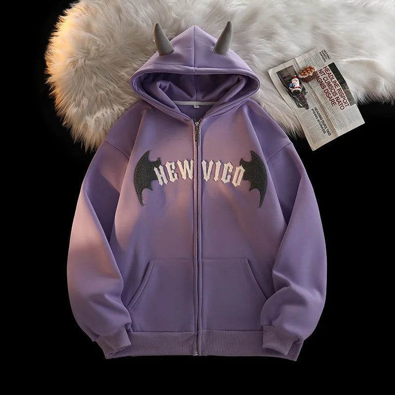 Purple harajuku gothic hoodie for women with bat wings design and horned hood from Vusy Kawai Shop