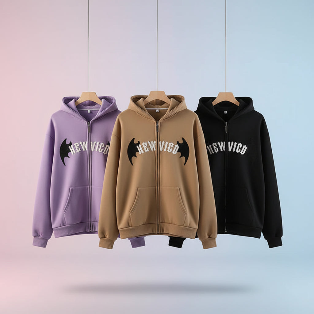 Three harajuku gothic hoodie for women in black, beige, and purple with bat wings and horn details