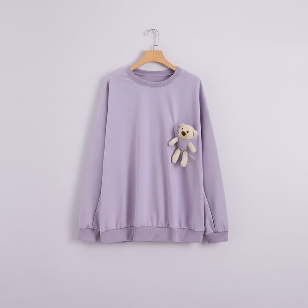 Harajuku oversize plush cute sweatshirt in lavender with small teddy bear plush pocket detail