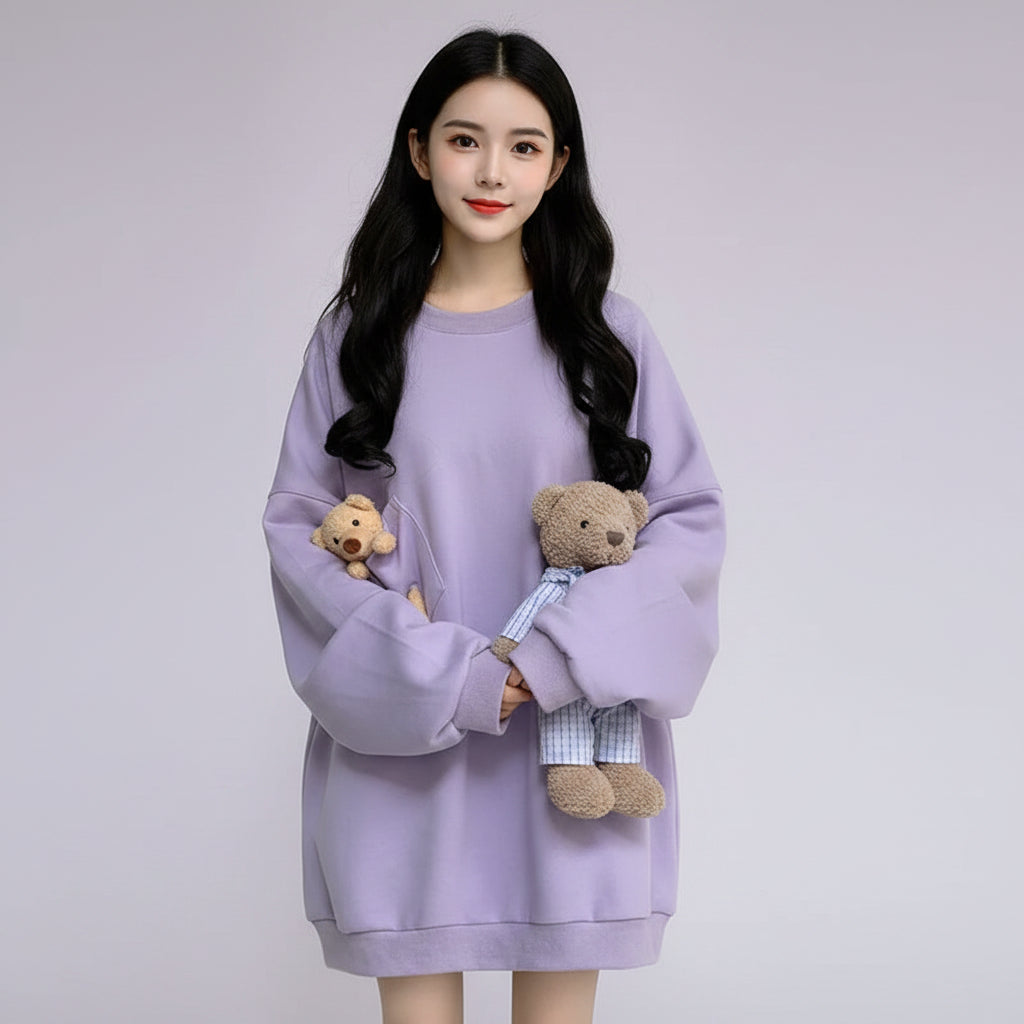 Lavender Harajuku oversize plush cute sweatshirt with teddy bear pocket detail from Vusy Kawai Shop