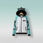 Harajuku shark grunge zip up sweatshirt with shark fin hood and fishbone design in white and blue