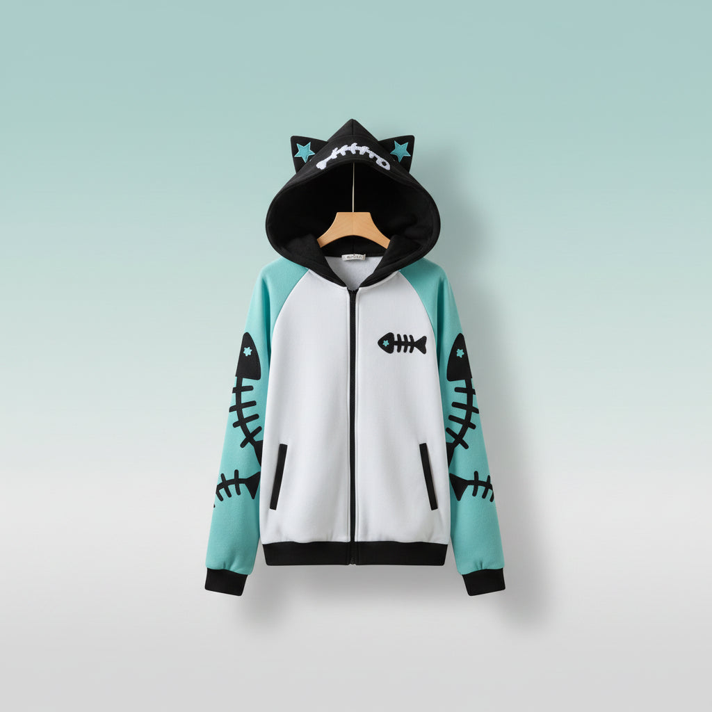 Harajuku shark grunge zip up sweatshirt with shark fin hood and fishbone design in white and blue
