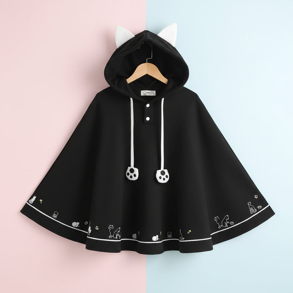 Black Harajuku style cape for women with white cat ears hood and cute cat paw drawstrings