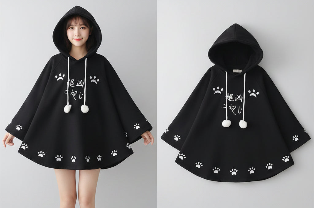 Black Harajuku style cape for women with white paw prints and hood with drawstrings