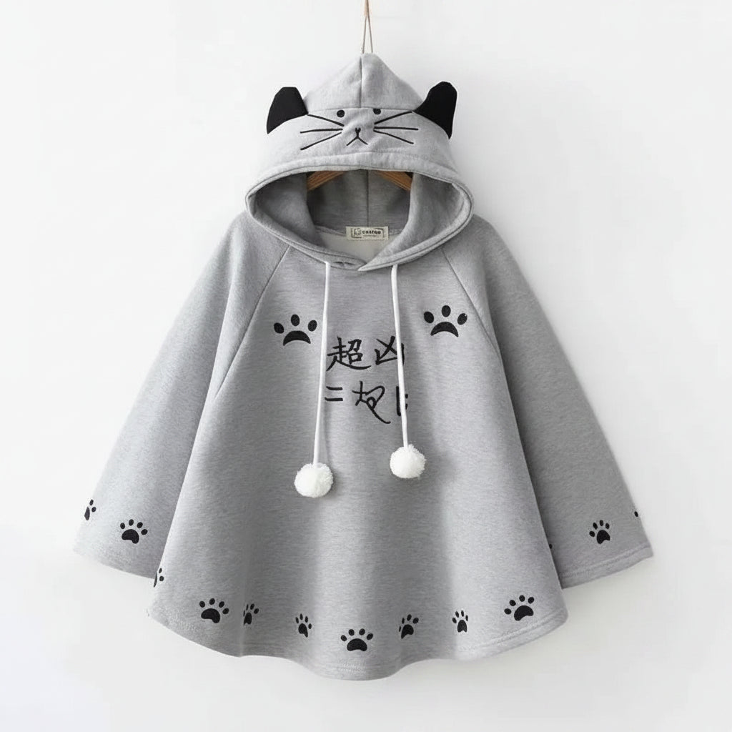 Gray Harajuku style cape for women with cat ears hood and paw print details