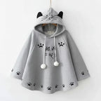 Gray Harajuku style cape for women with cat ears hood and paw print details
