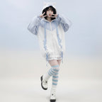 Harajuku style oversized hoodie women in pastel blue and white with cat ear hood from Vusy Kawai Shop