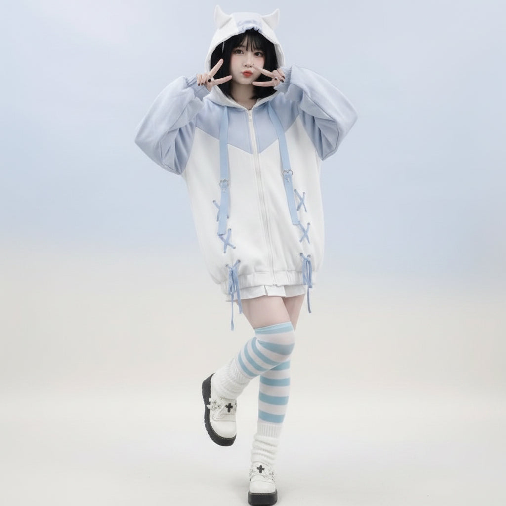 Harajuku style oversized hoodie women in pastel blue and white with cat ear hood from Vusy Kawai Shop