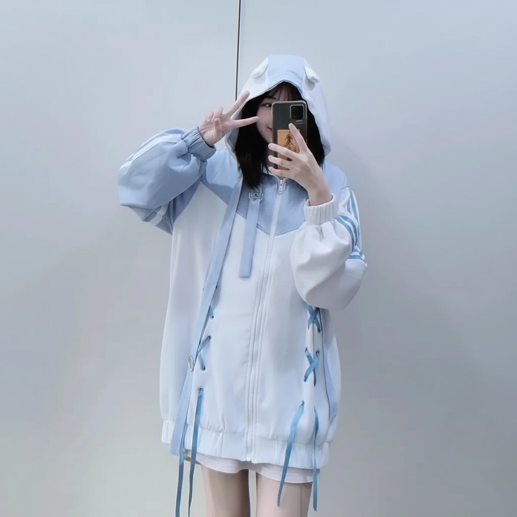 Harajuku style oversized hoodie women in white and light blue with unique sleeve and lace-up details